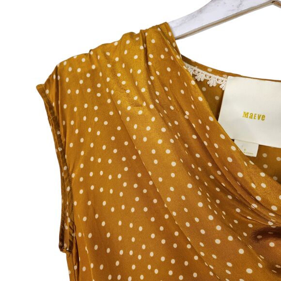 MAEVE Top Womens 0 Yellow Polka Dot Silk Cowl Neck Ruched Tie Waist Top Twee - Picture 3 of 11